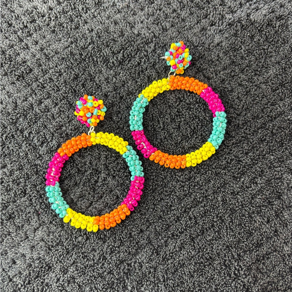 Colorful Beaded Hoop Earrings - Neon Pink, Yellow, Orange, Aqua